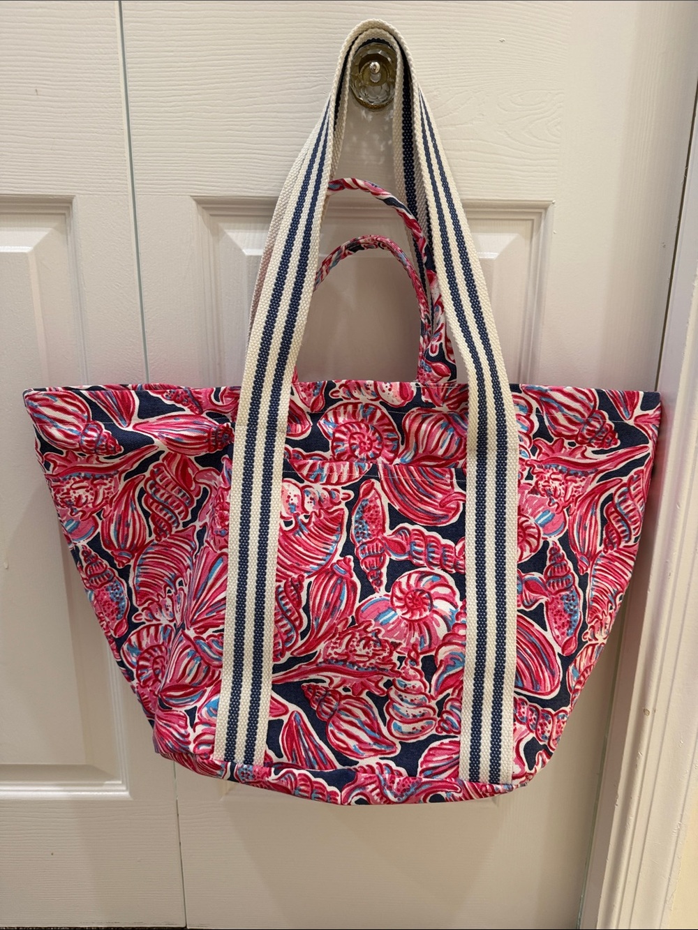 Salty Starfish Living Happy Pink Shell-Print Tote with Navy Striped Handles